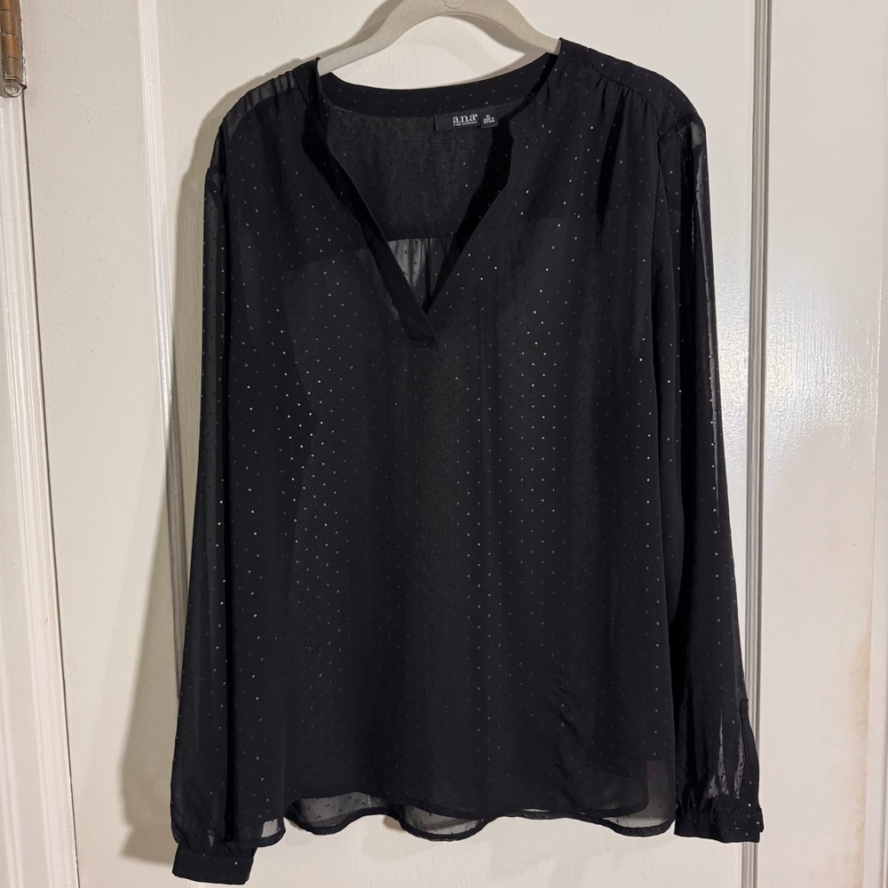 a.n.a Black V-Neck Long Sleeve Blouse with Shimmer Dots